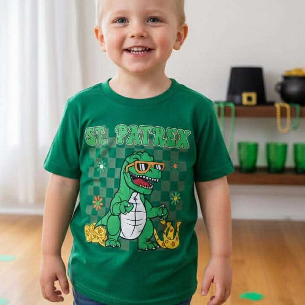 Boys’ Handmade “St. Patrex” Dino St. Patrick’s Day Shirt